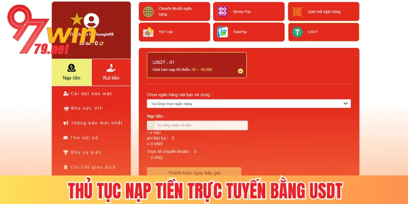 Hướng dẫn nạp tiền trực tuyến bằng USDT
